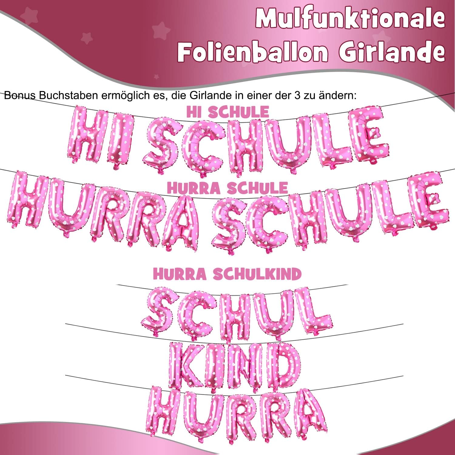 Detalle de iZoeL Schulkind Deko Set Einschulung Mädchen – HURRA SCHULKIND Girlande, 2026 Folienballons und Zuckertüten-Deko