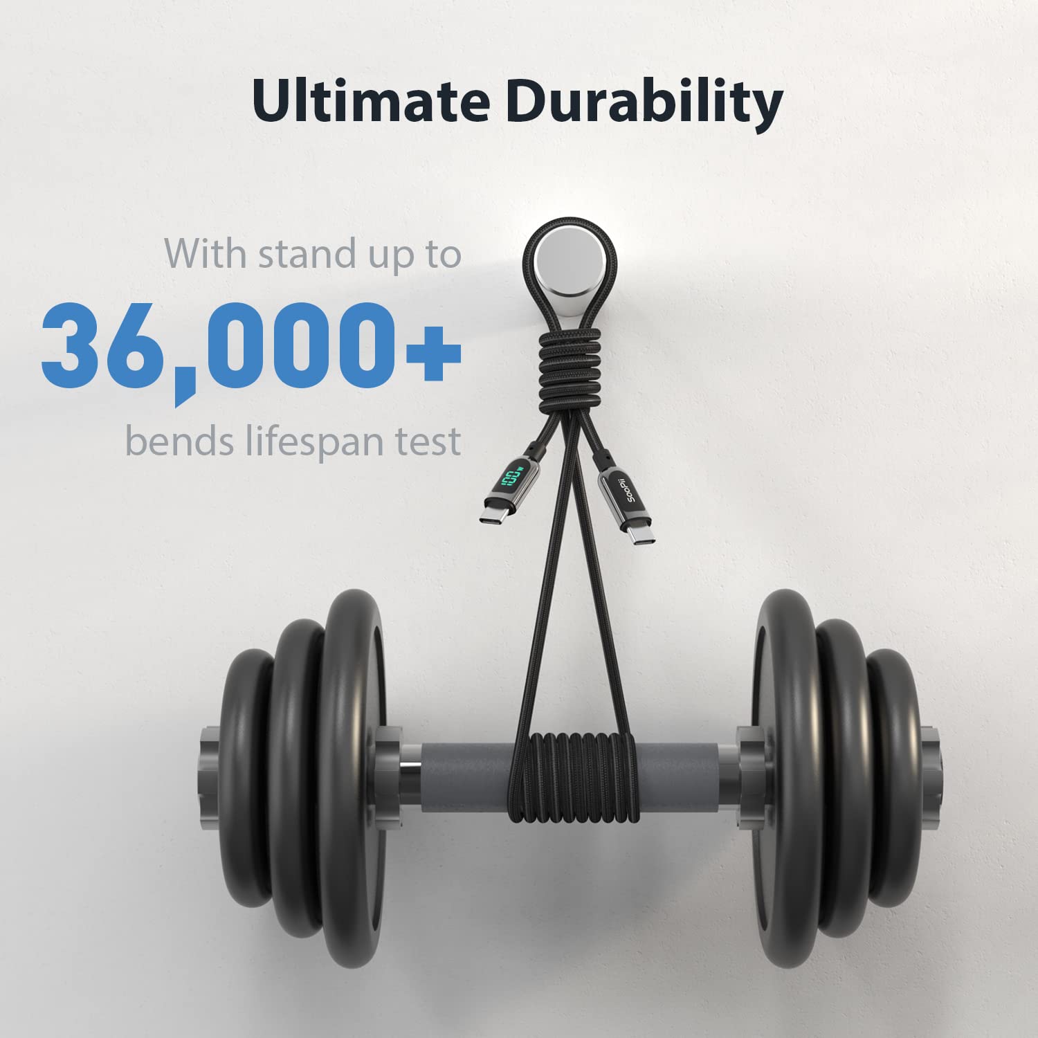 Detalle de SOOPII 100W USB-C to USB-C Cable with LED Power Display (6.6ft) for Laptops, Phones, and More