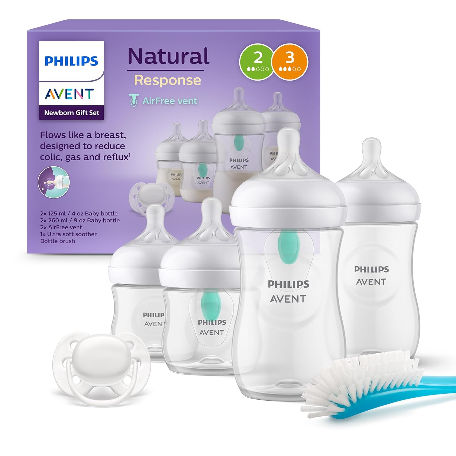 Detalle de Philips AVENT Babyflaschen mit AirFree Ventil – Geschenkset SCD657/11 (4er Set) inklusive ultra soft Schnuller und Flaschenbürste
