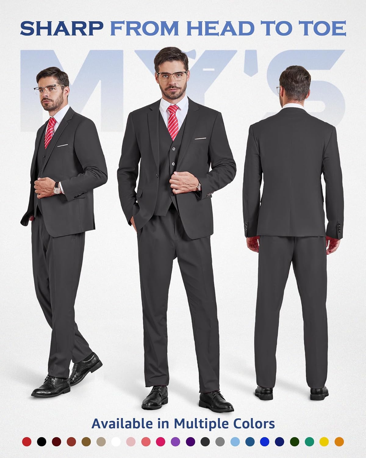 Detalle de MY'S Men's 3 Piece Suit Set with Tie — Slim Fit, One Button Jacket (Jacket, Vest, Pants) for Weddings, Prom, Interviews