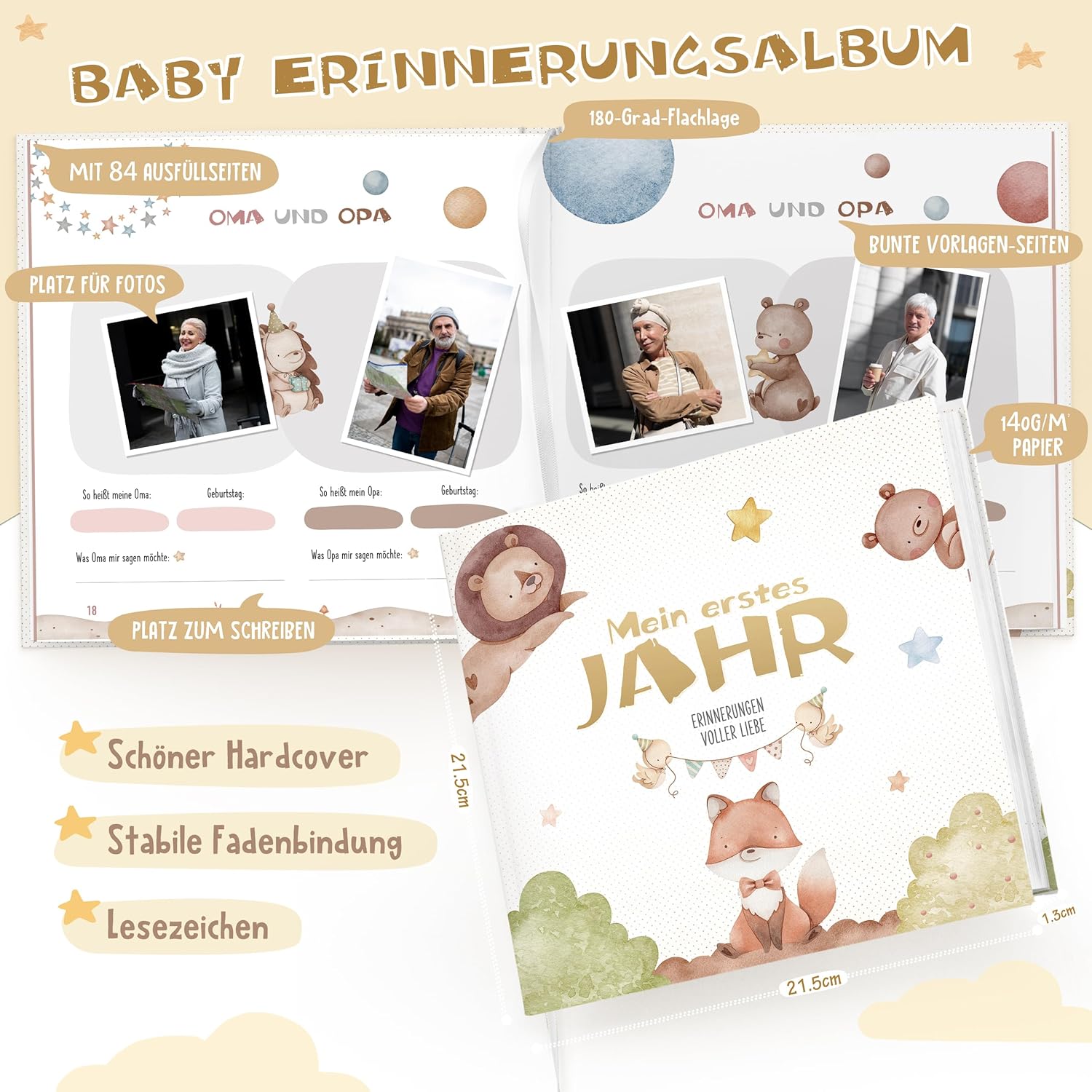 Thumbnail 2 de Hyggartn Mein Erstes Jahr Babyalbum mit 84 Seiten – personalisiertes Erinnerungsbuch für Geburt bis erstem Jahr (21x21 cm, Fuchs)