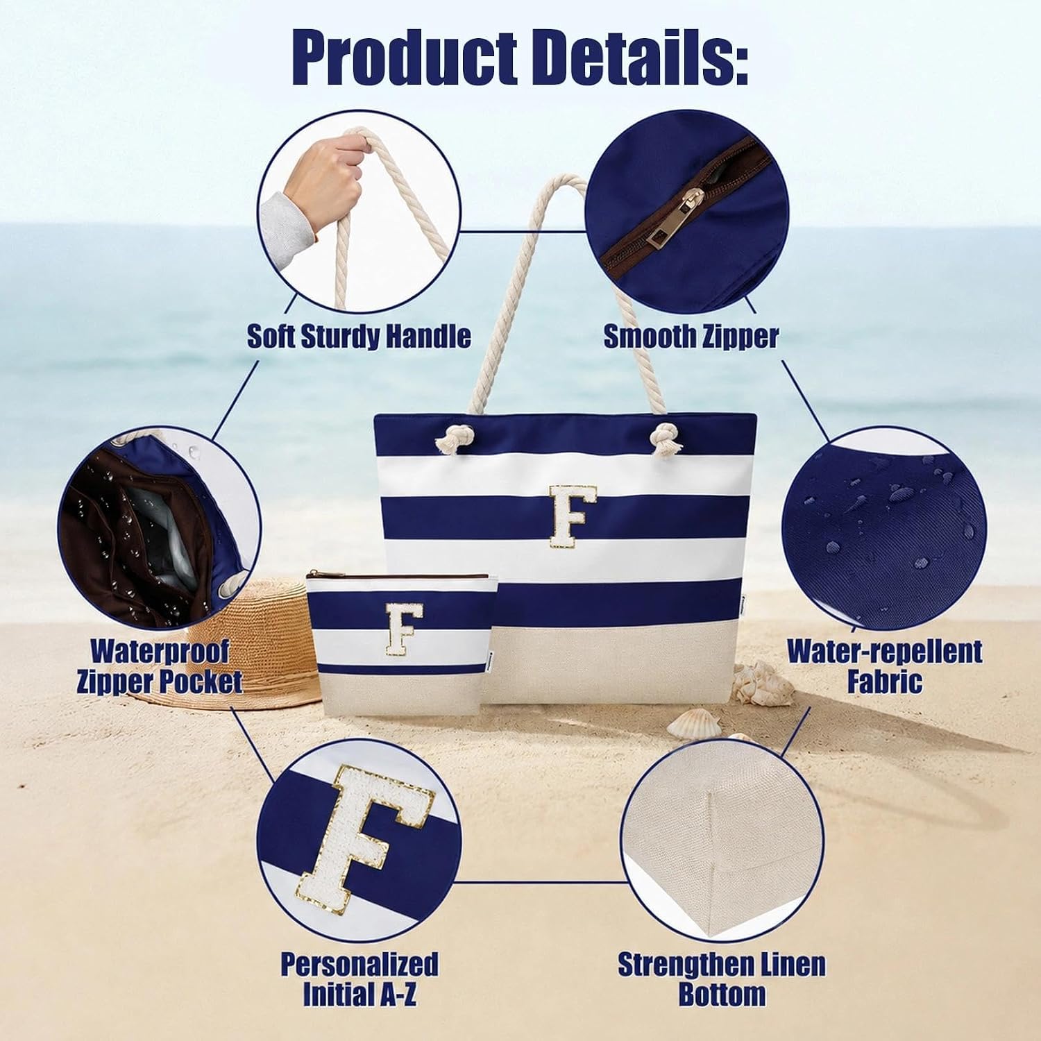 Detalle de Vavabox Initial Beach Bag with Zip and Pockets – Personalised, Water-Resistant & Foldable Large Tote Set