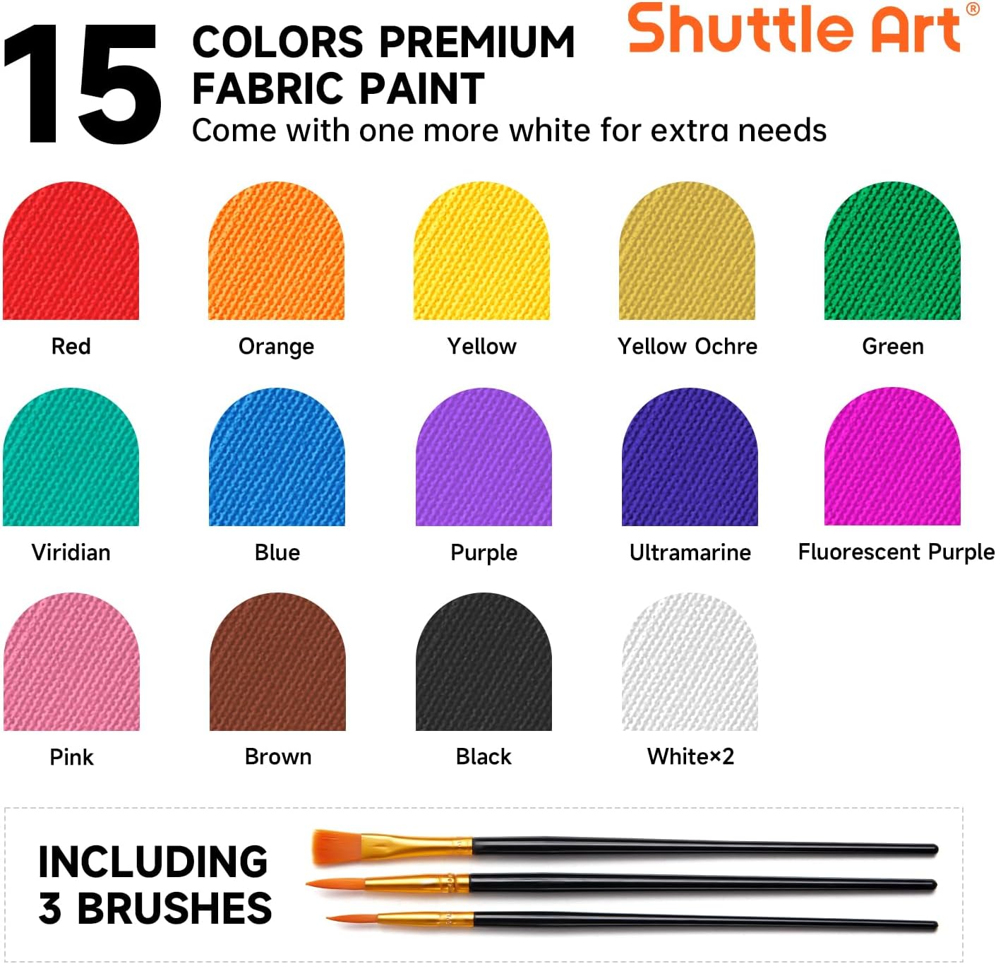 Detalle de Shuttle Art waschmaschinenfeste Textilfarbe (15 x 12 ml) im Set mit 3 Pinseln – zum Bemalen & Färben von Stoffen