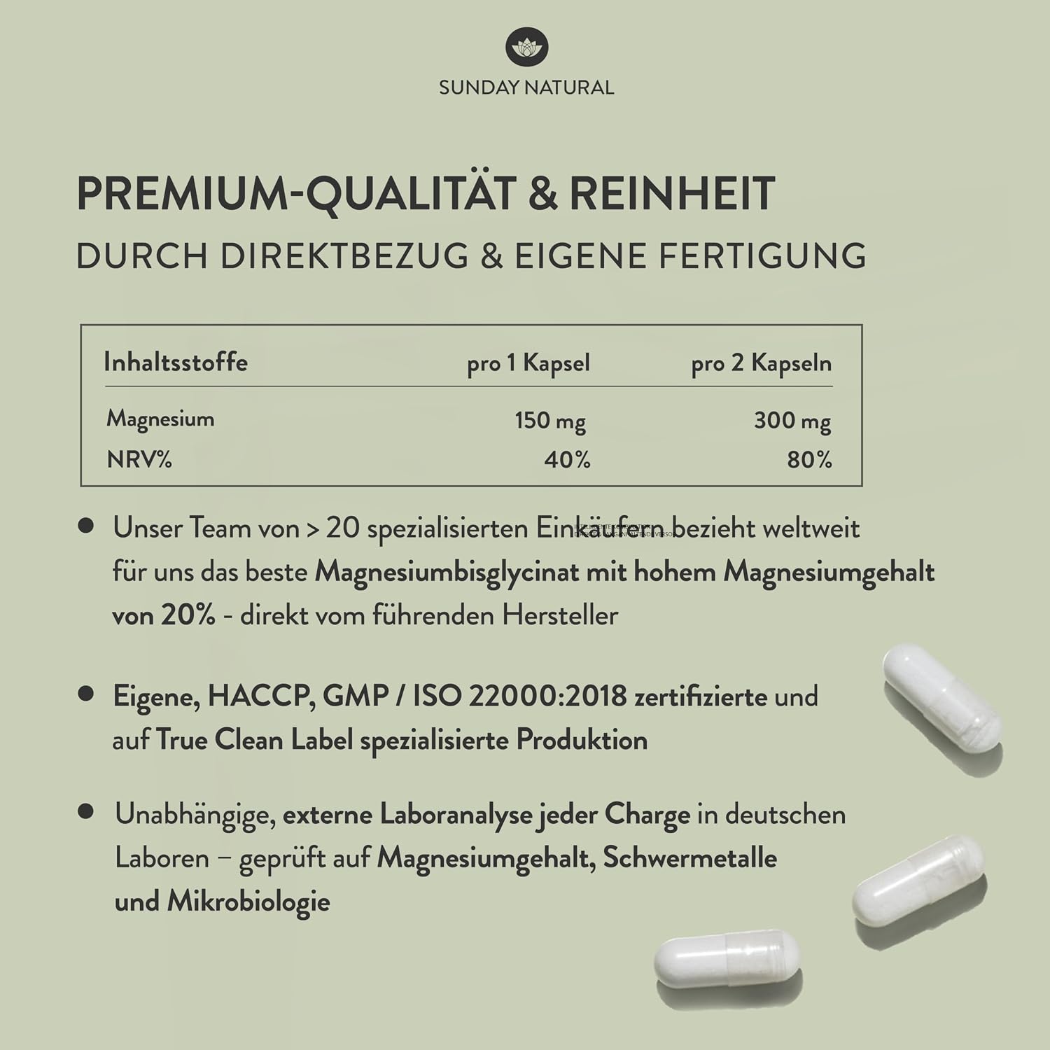 Detalle de SUNDAY NATURAL Magnesium Bisglycinat – 240 Kapseln, 300 mg pro Tagesdosis, vegan und laborgeprüft