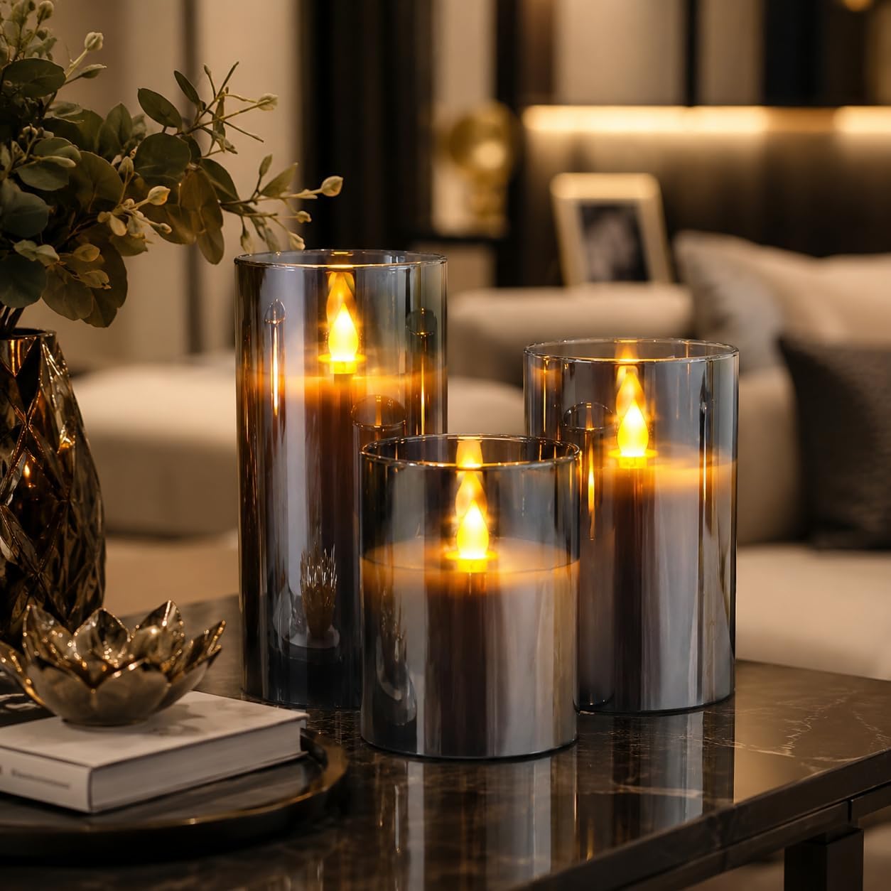 Detalle de YMing flameless LED candles set (4"/5"/6") with remote and timer – real-wax style, gold glass pillars