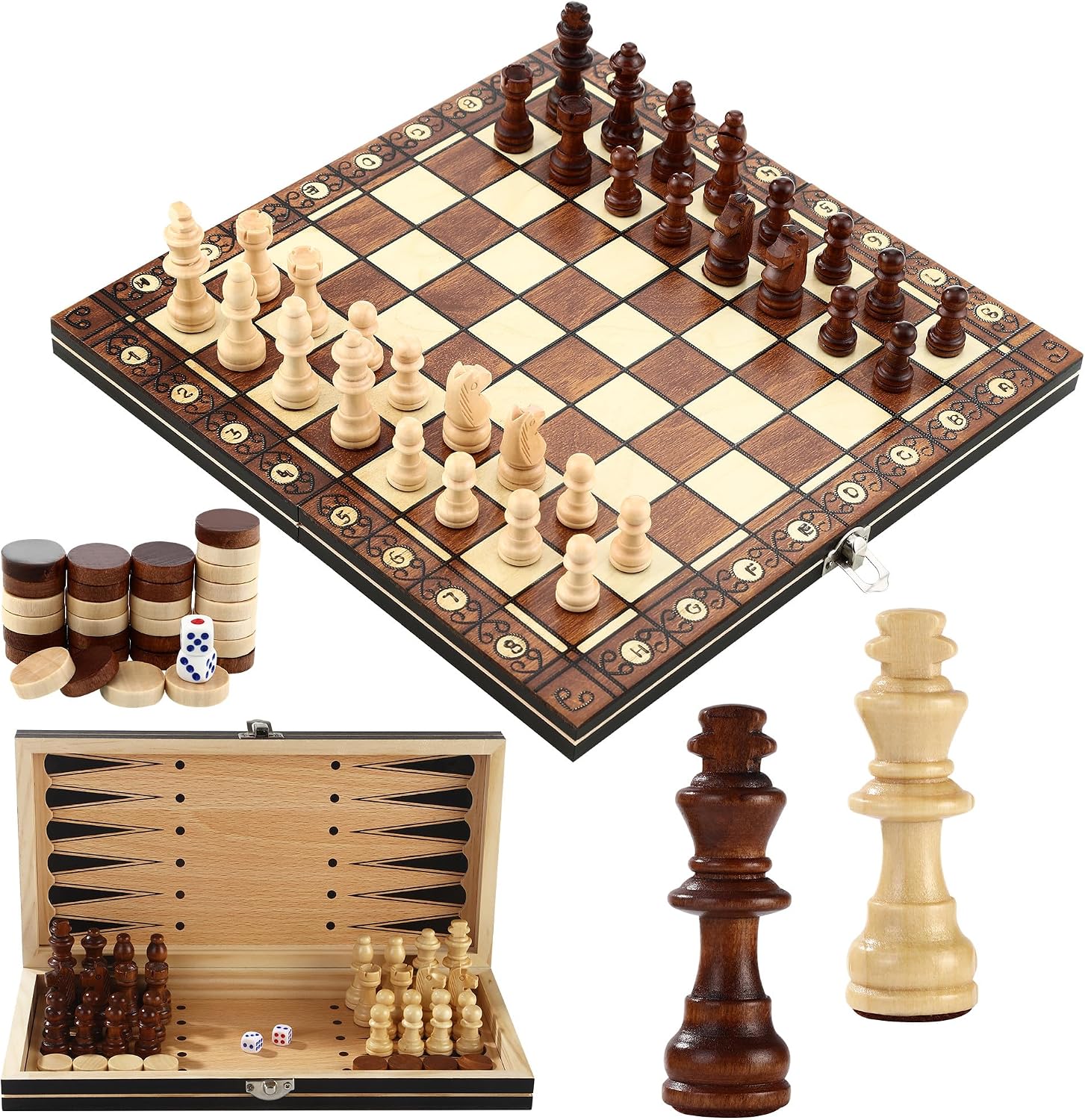 Detalle de Jeu d’échecs 3 en 1 magnétique en bois pliable (29 x 29 cm) pour enfants, adultes et voyages