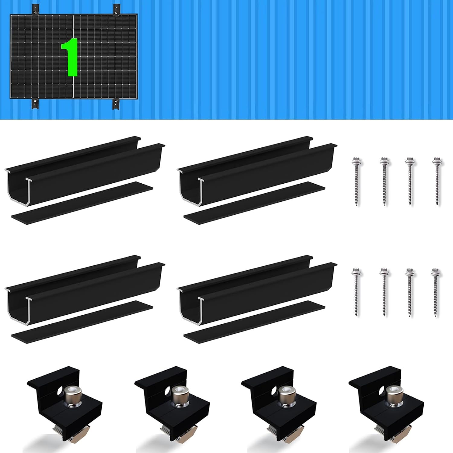Detalle de Warmfay Solarmodul Halterung Montageset – schwarze 12 cm Aluprofile und verstellbare Klemmen für 1 Modul (30–35 mm) am Flachdach