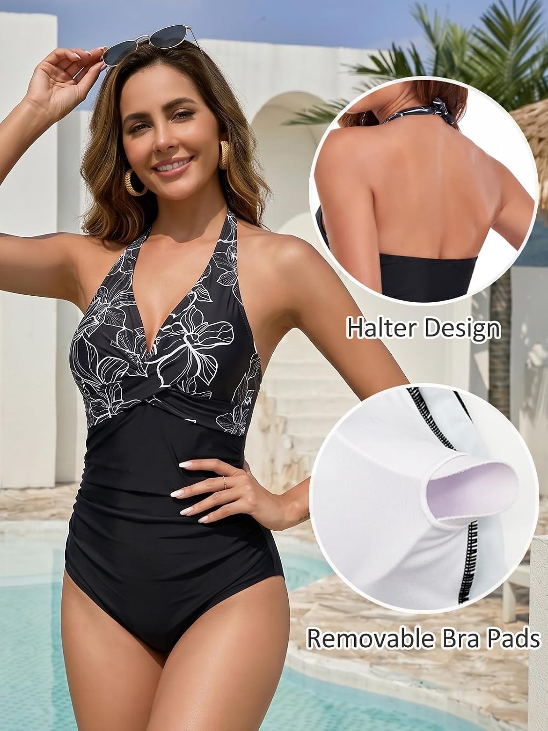 Detalle de FLYILY Maillot de Bain Femme Contrôle du Ventre à fronces et décolleté en V — Maillot une pièce