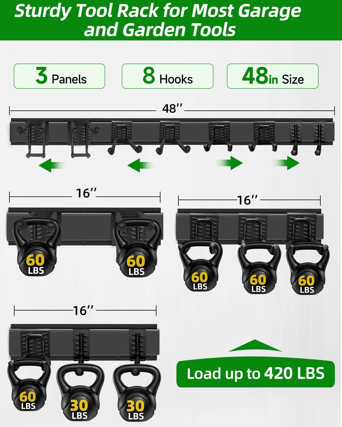 Detalle de PIYILO Garden Tool Organizer, 48-Inch Rail with 18 Rubber-Coated Hooks