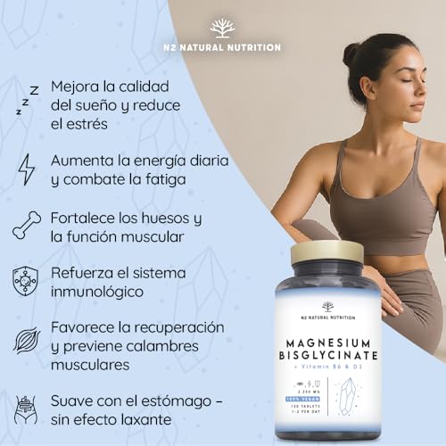 Detalle de Magnesio Bisglicinato 2250 mg de N2 Natural Nutrition, 450 mg de Magnesio Elemental + B6 + D3 – 150 comprimidos
