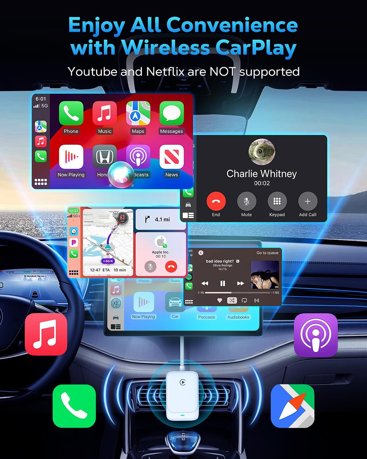 Detalle 2 de MoKo CarPlay Wireless Adapter – kabelloses CarPlay für iPhone, 5,8 GHz WiFi, Bluetooth 5.3, Plug&Play