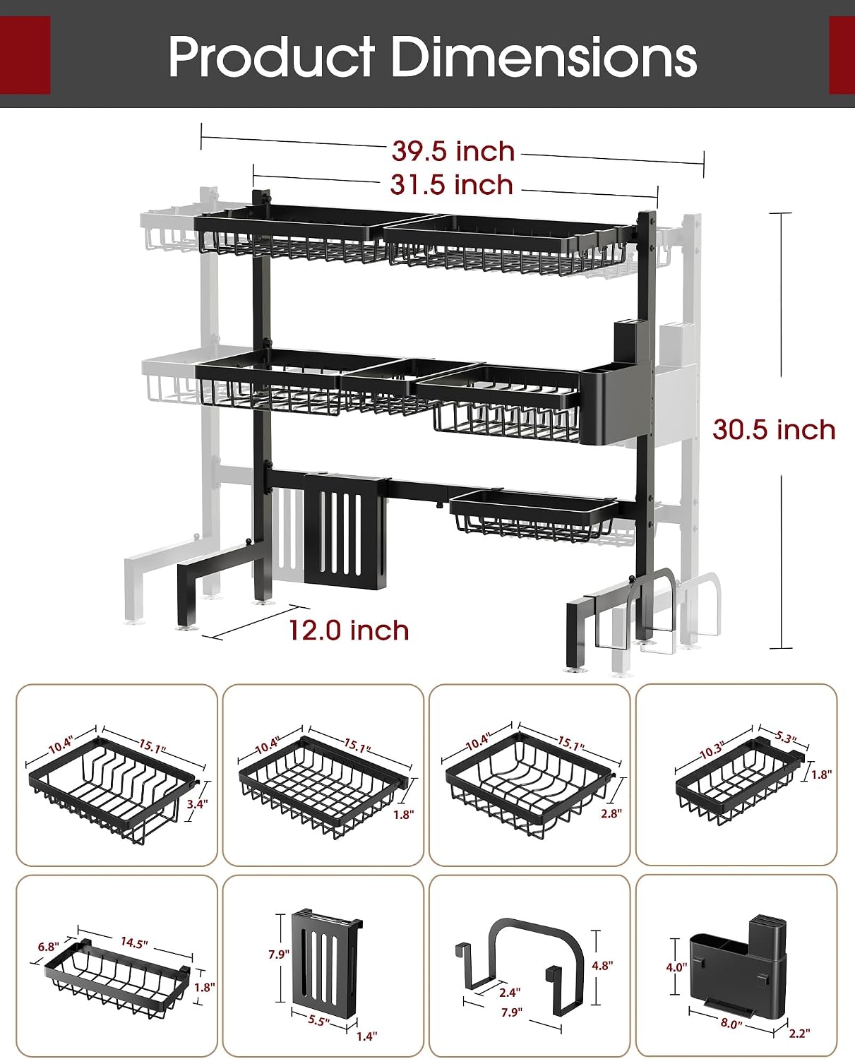 Thumbnail 5 de Sakugi Over The Sink Dish Drying Rack - Adjustable 3 Tier XX-Large Capacity, Stainless Steel Drainer with Utensil, Knife & Cutting Board Holders