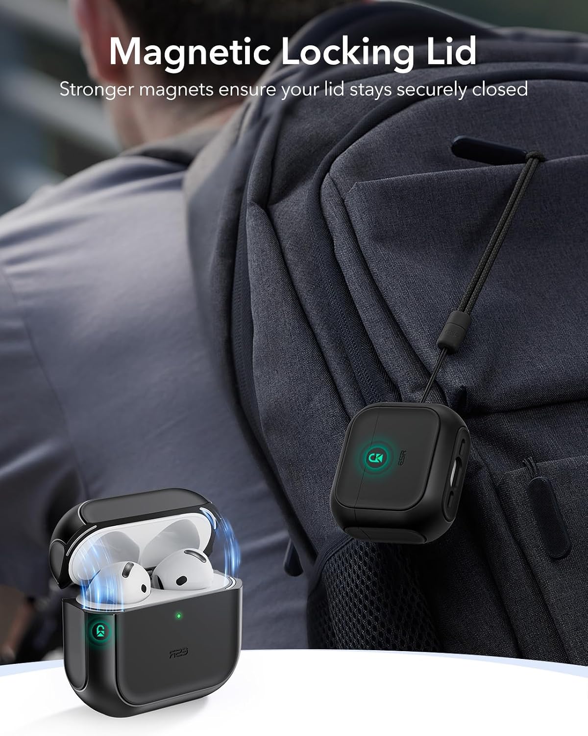 Detalle de ESR for AirPods 4 Case (USB-C, 2024) with MagSafe support, drop protection & lanyard – Black