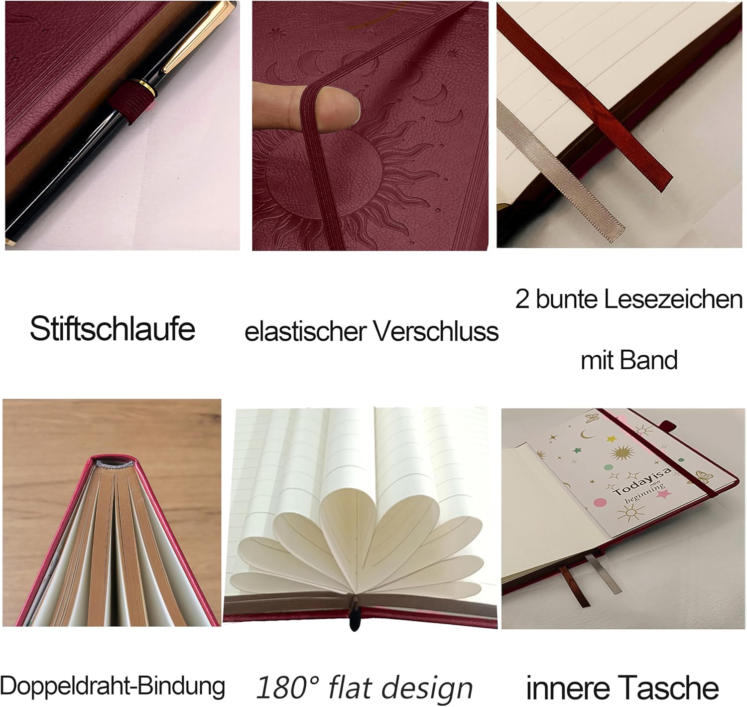 Thumbnail 4 de HwxBen Notizbuch 14,5 x 21 cm liniert mit 360 Seiten – Tagebuch im PU-Leder-Hardcover (Weinrot)