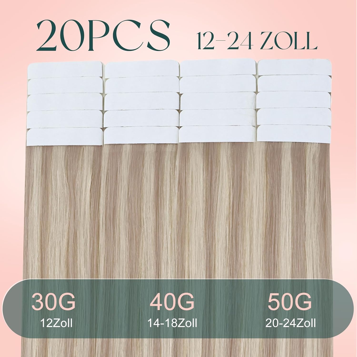 Detalle de Easyouth Tape Extensions Echthaar Blond – Haarverlängerung Aschblond Highlight #P18/613, 20 Stk, 45 cm
