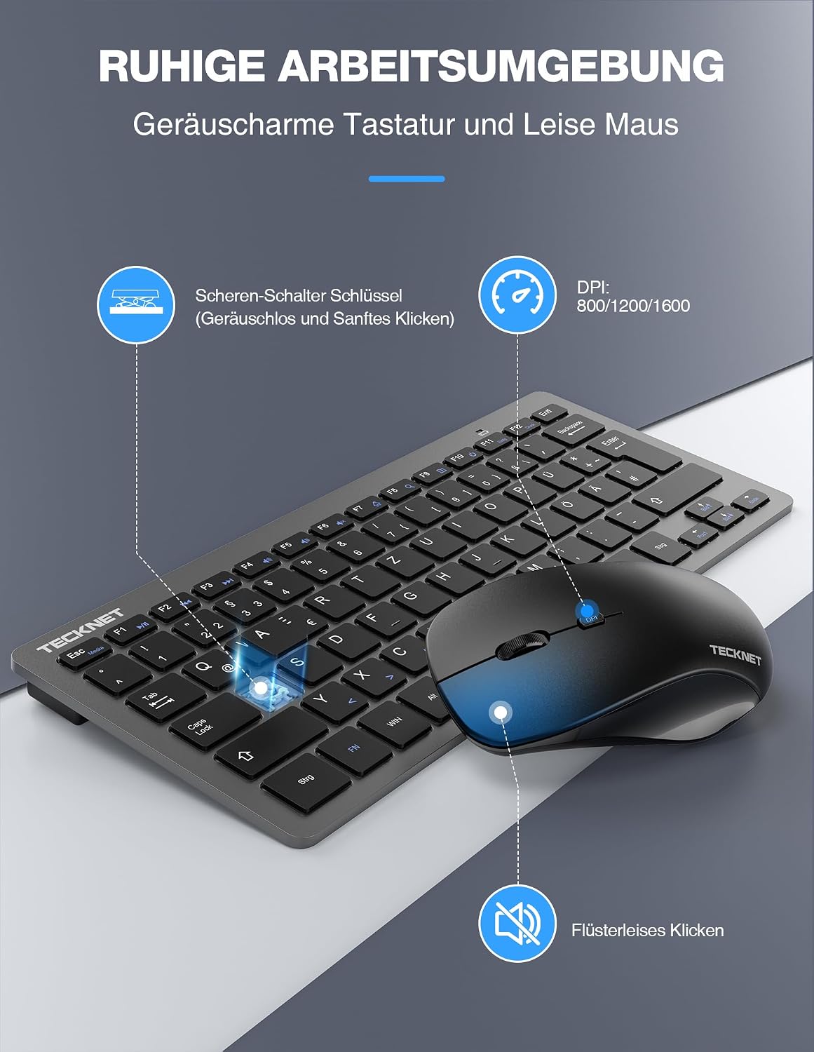 Detalle de TECKNET Kabelloses Tastatur-Maus-Set (Deutsch QWERTZ), 2,4 GHz, 15 m Reichweite, Leise Mini-Keyboard mit Maus – Grau