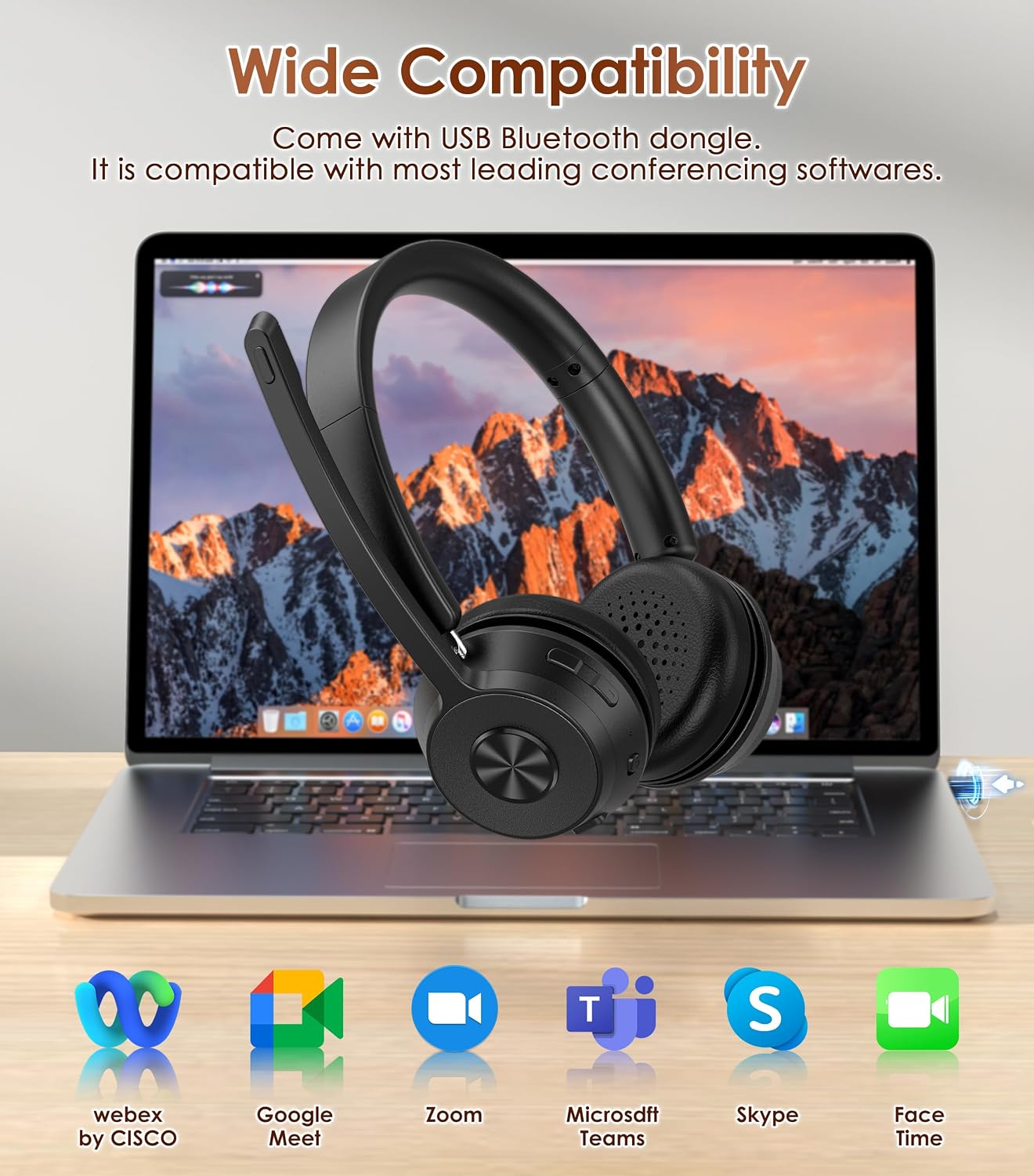 Thumbnail 4 de Wireless Headset with Mic for Work — Noise Canceling Bluetooth Headset with USB Dongle (Black)