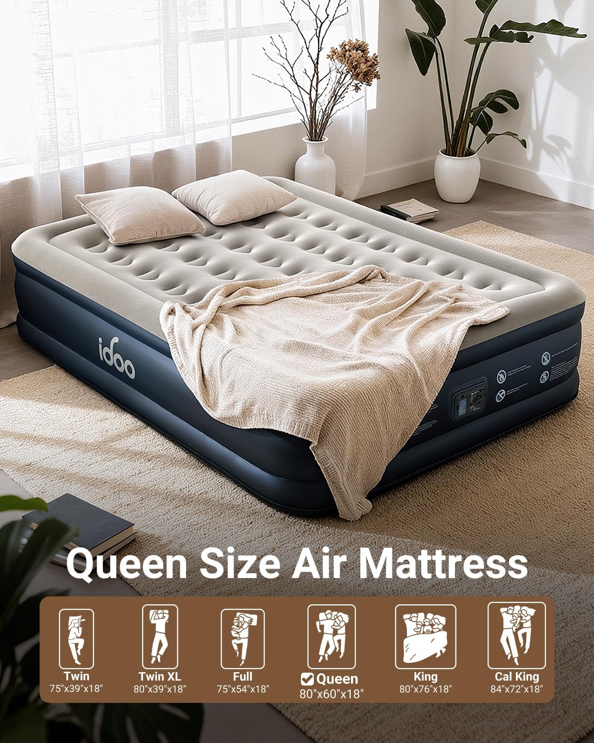 Thumbnail 1 de iDOO R-M002-GY Queen Air Mattress, 18-Inch Raised with Built-In Pump