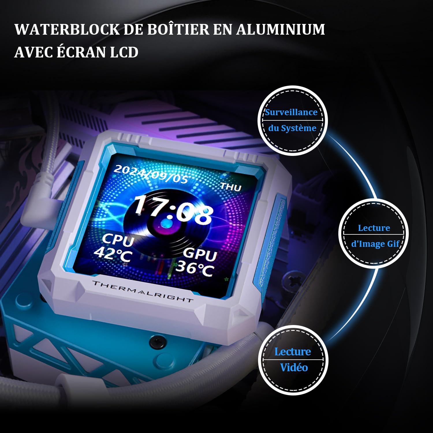 Detalle de Thermalright FW PRO 360 ARGB witte AIO-koeler met afneembaar IPS-lcd-display
