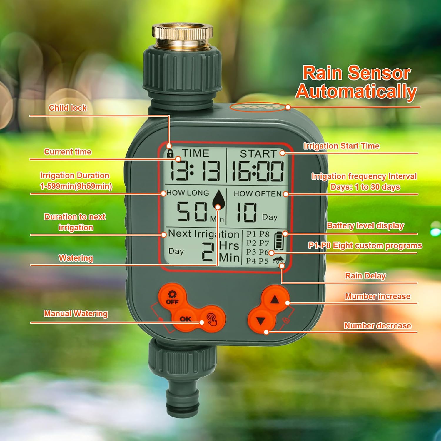 Detalle de Programmatore Irrigazione a Batteria con Sensore Pioggia e 8 Programmi separati