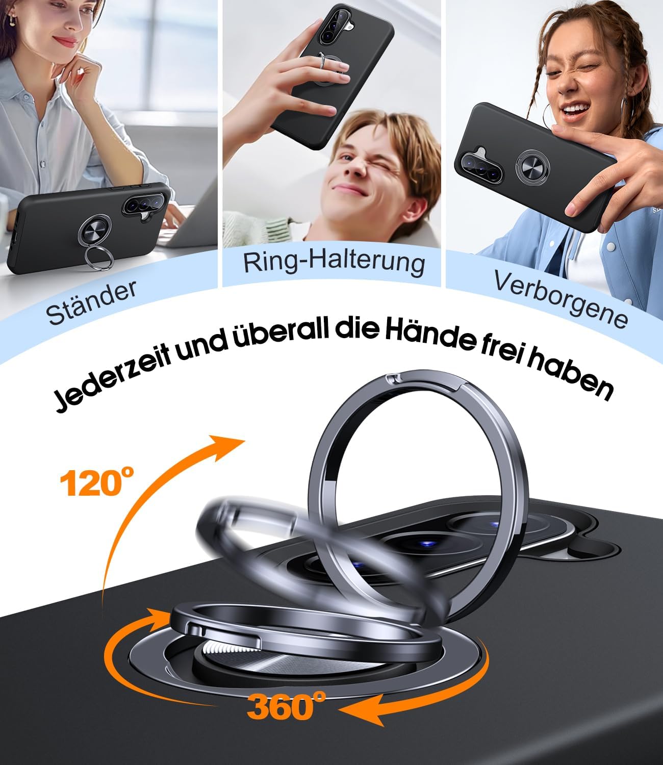 Detalle de AOUIA Hülle für Samsung Galaxy A37 5G mit 2 Panzergläsern, 3-in-1 Set und 360° Ring-Kickstand (schwarz)