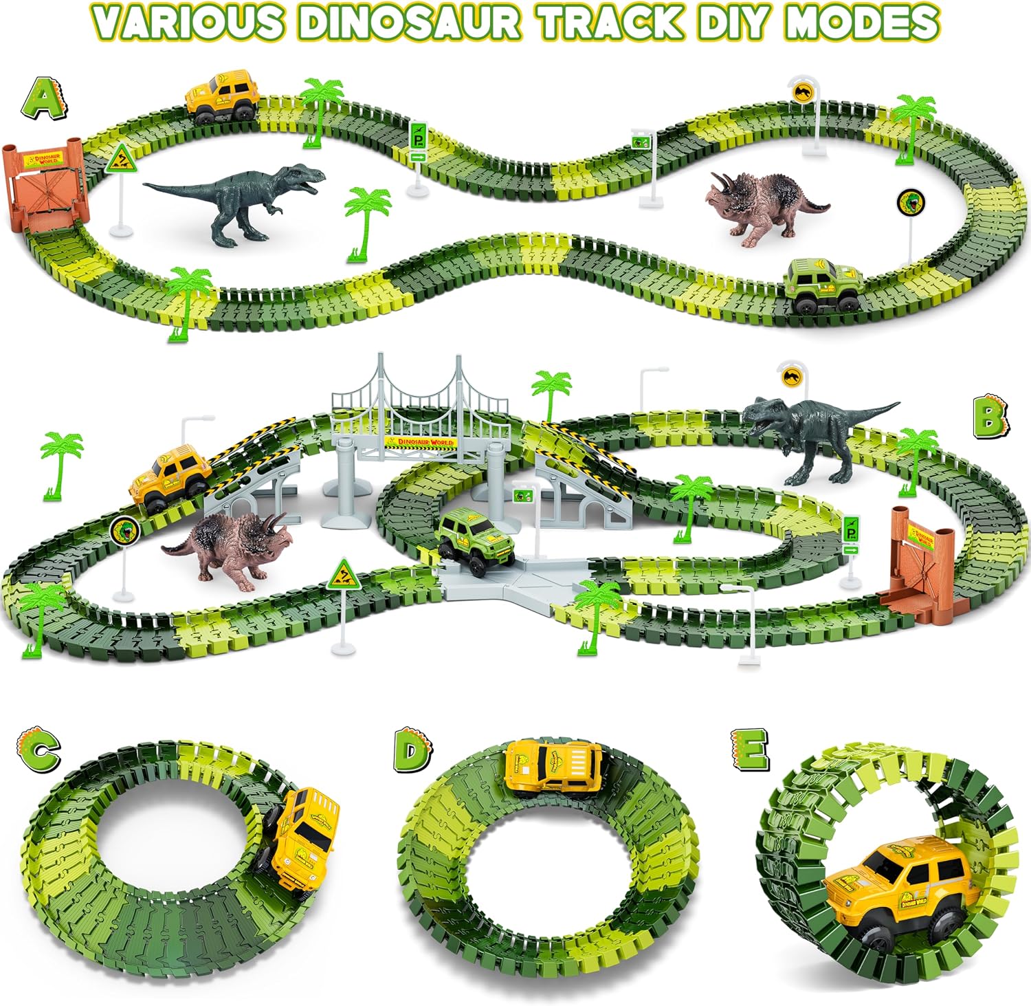 Thumbnail 4 de Dinosaur Tracks 271-Piece Flexible Dinosaur World Road Race Train Track Set (Race Cars + Dinosaur Figures) for Ages 3+