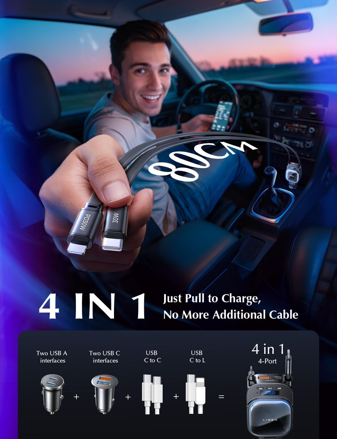 Detalle de LISEN Bluetooth 5.3 FM Transmitter Car Adapter 96W Retractable Charger