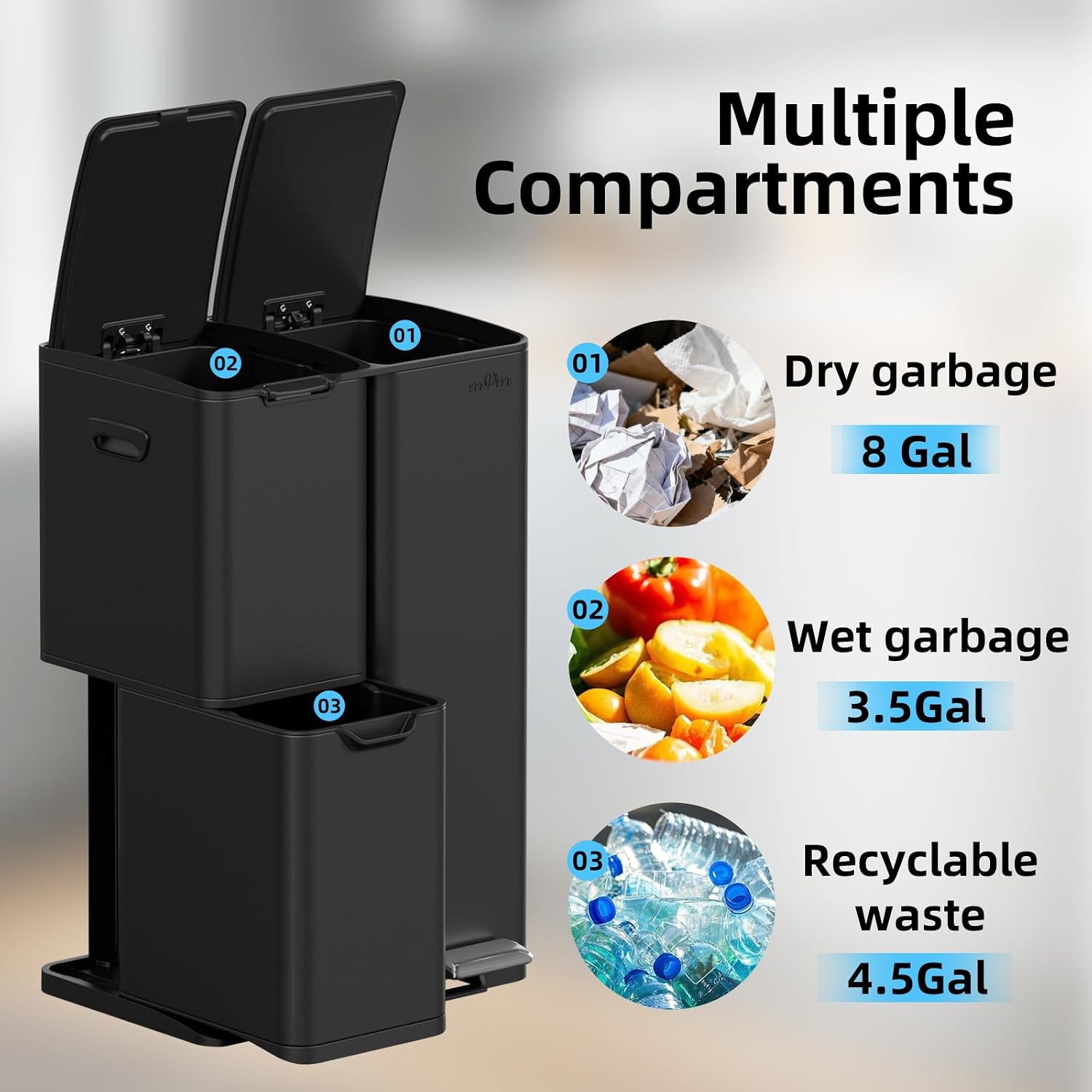 Detalle 2 de mVm 3-Compartment Kitchen Trash Can, 16-Gallon Black Stainless Steel