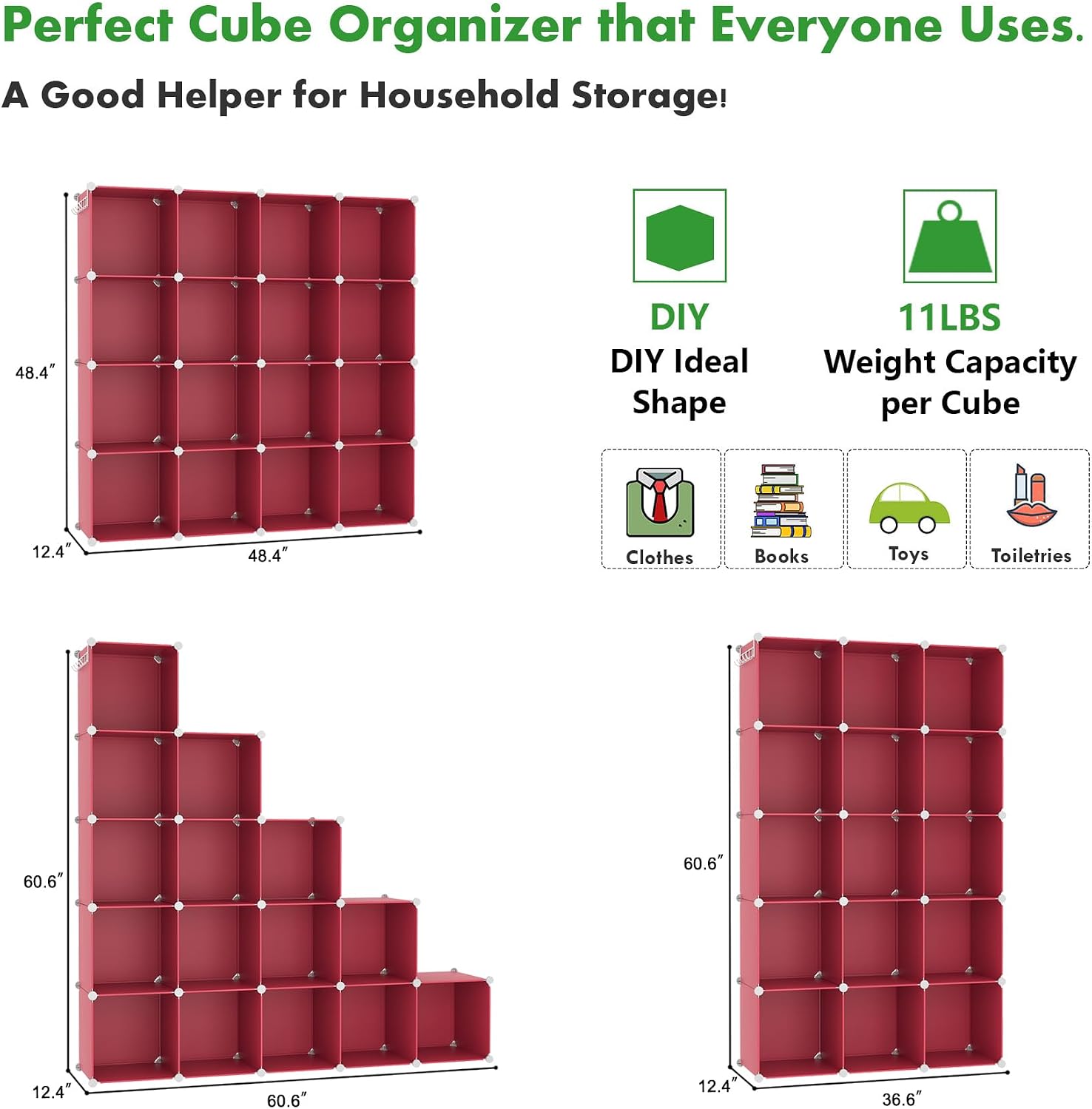 Thumbnail 1 de C&AHOME UPCS16R 16-Cube Storage Organizer, Red Modular Plastic Shelves