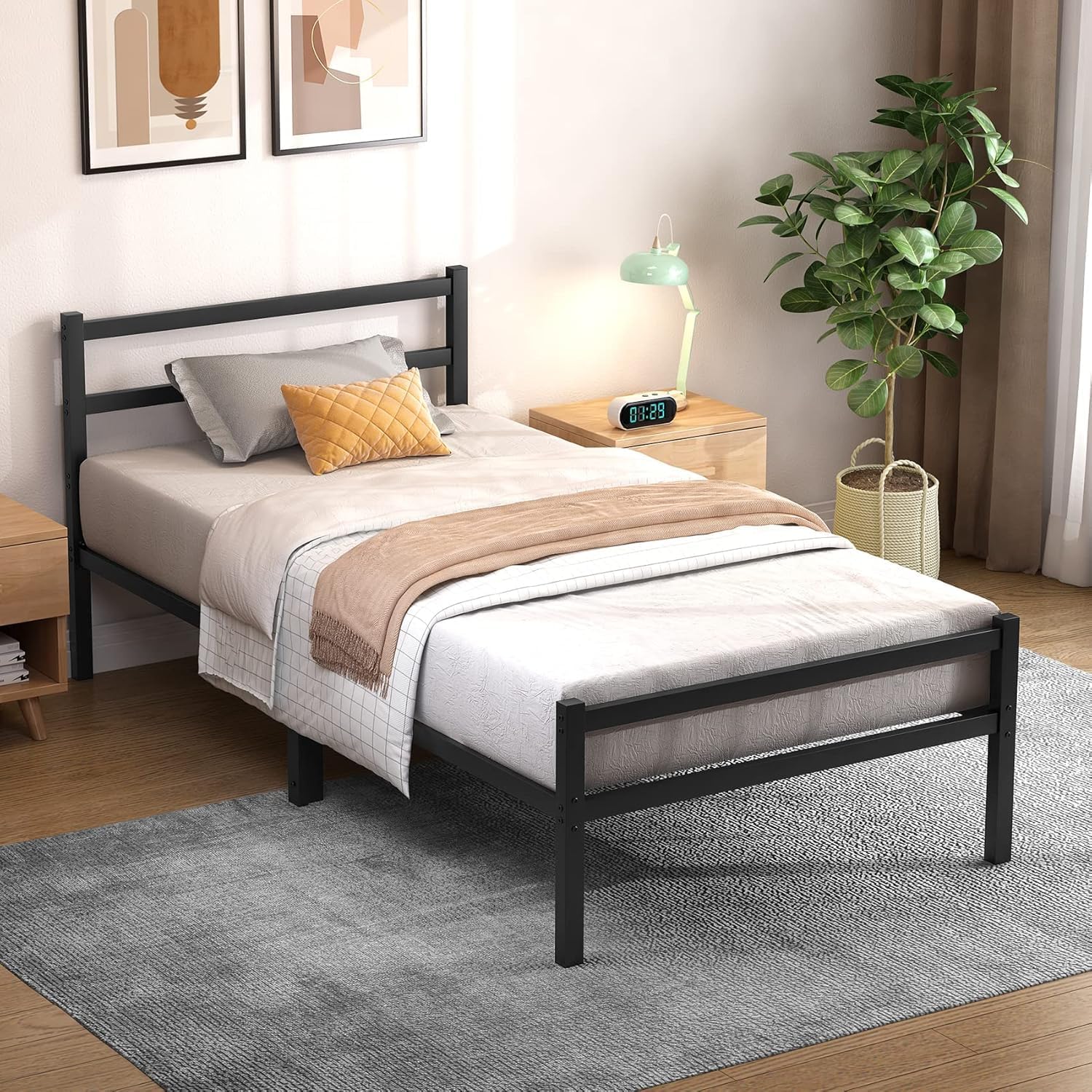 Detalle 2 de Yornoli 3ft Black Single Bed Frame with Headboard and Storage (Steel Slats, No Box Spring Needed)