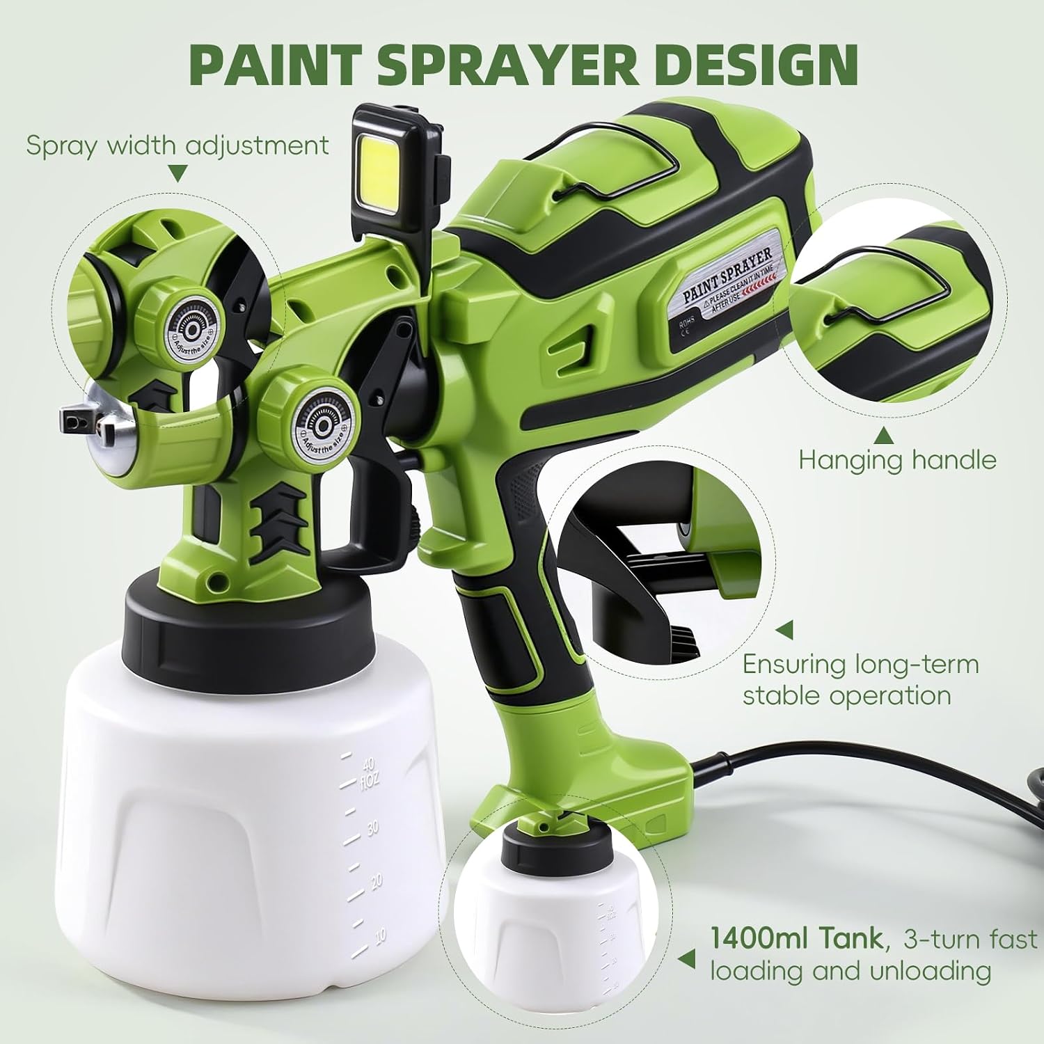 Detalle de Pistola per Verniciare HVLP 850W con serbatoio da 1400 ml, 5 ugelli in ottone, LED e regolazioni di flusso e ampiezza per muri, pareti e soffitti