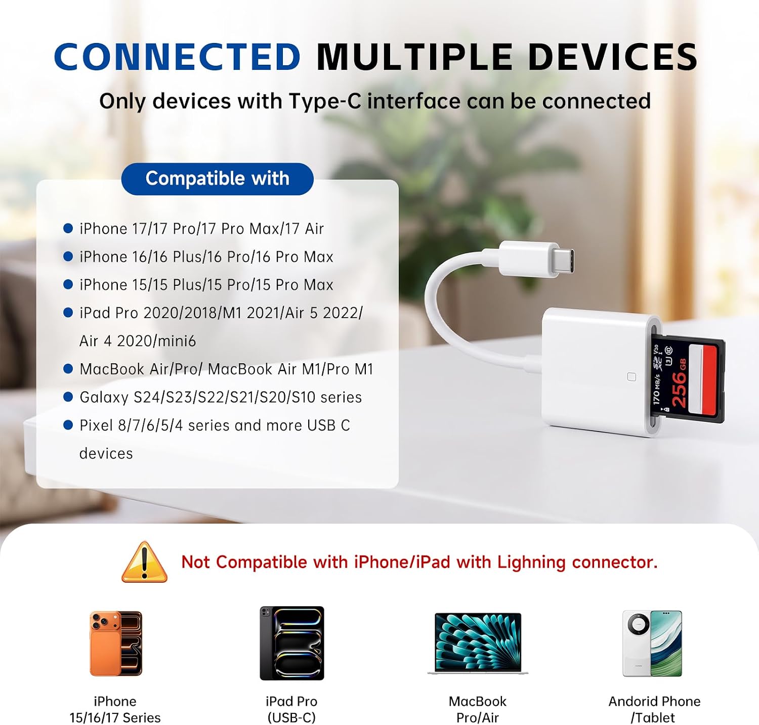 Detalle de iPhone USB-C SD Card Reader: USB C Adapter for iPhone, iPad, MacBook, Galaxy & Android