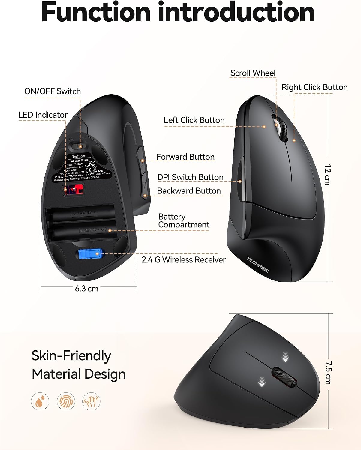 Detalle 2 de TechRise Ergonomic Vertical Mouse (4800 DPI) – Wireless 2.4G Silent Click Ergonomic Mouse for PC/Laptop/Mac, Black