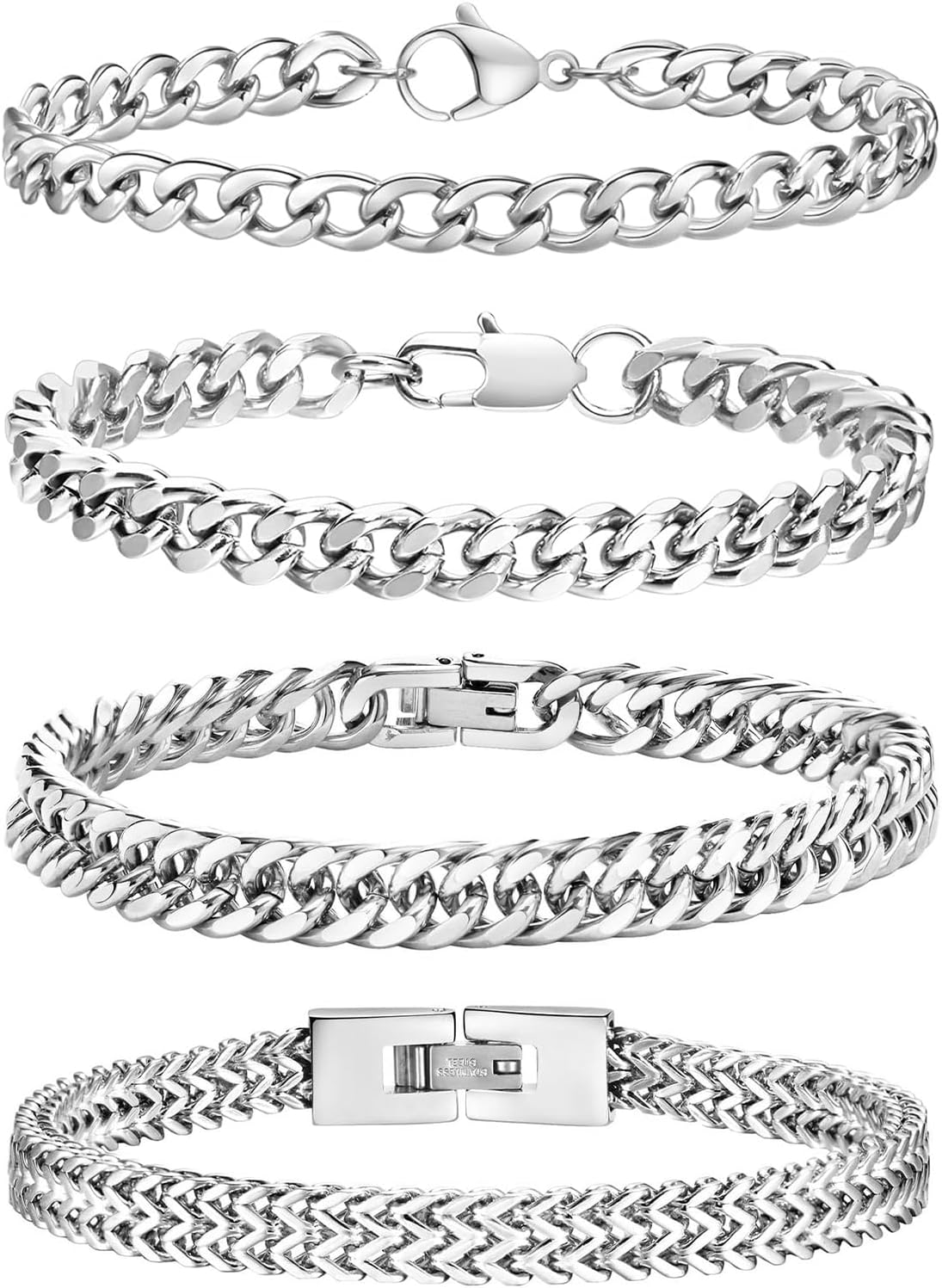 Detalle de Esmoly 4 Pezzi bracciale da uomo in acciaio 316L (argento, oro e nero) – catena cubana, set impilabile, lunghezze 19/21/23 cm