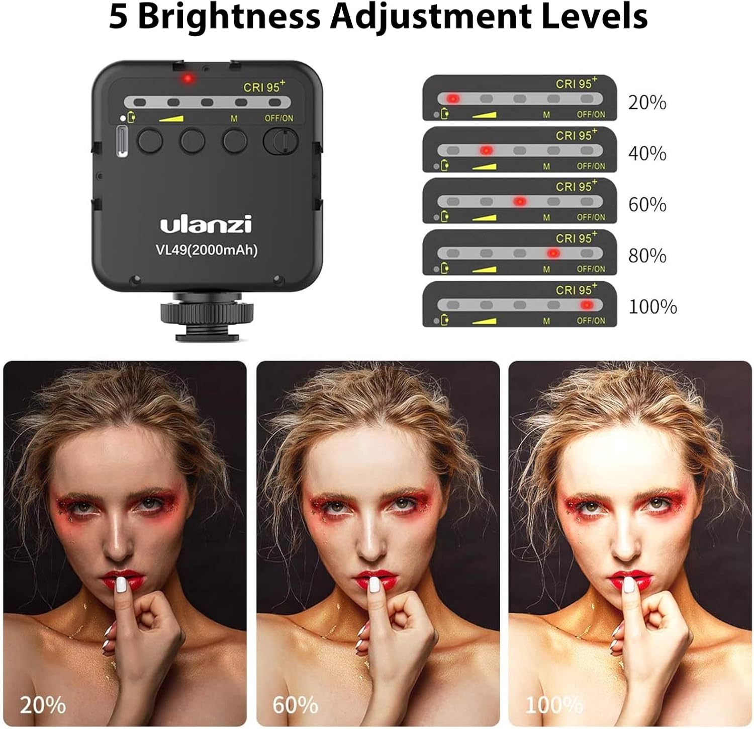 Detalle de ULANZI VL49 Lumière LED vidéo avec batterie 2000 mAh et 3 supports cold shoe