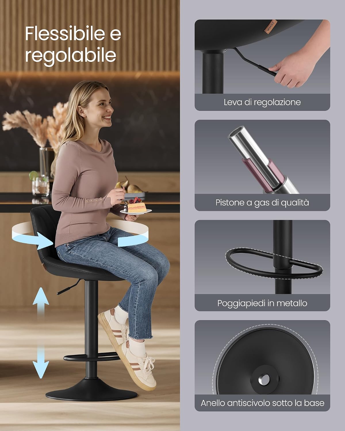 Thumbnail 6 de VASAGLE Sgabelli da Bar con schienale e Poggiapiedi, Set di 2, Altezza Regolabile 60–80 cm, Girevoli a 360°, Nero Inchiostro LJB181BH01