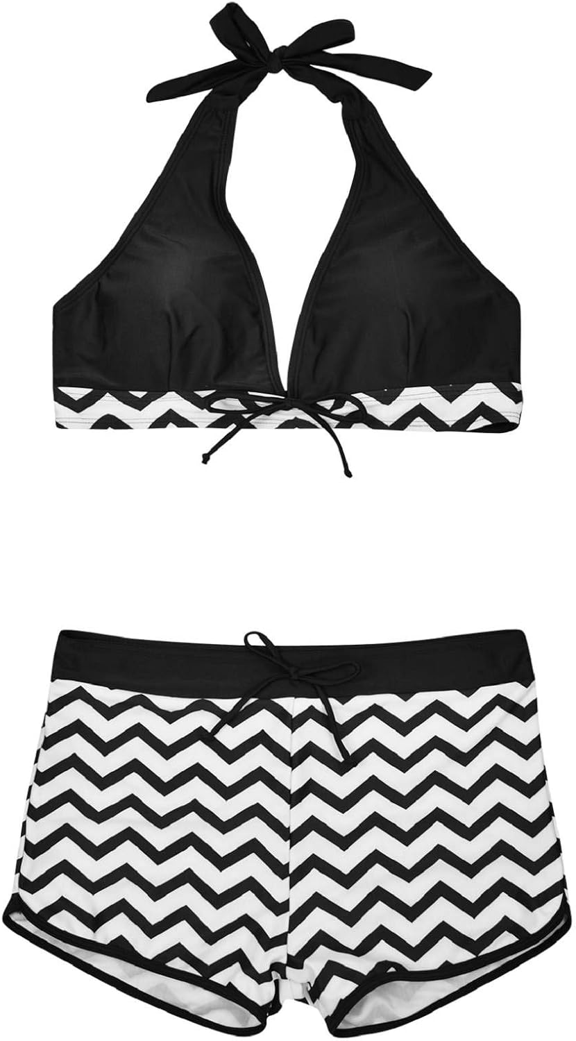 Detalle de heekpek Costume da Bagno Donna Halter Bikini Set two-piece Taglie Forti Tankini con Pantaloncino – Surf Beachwear