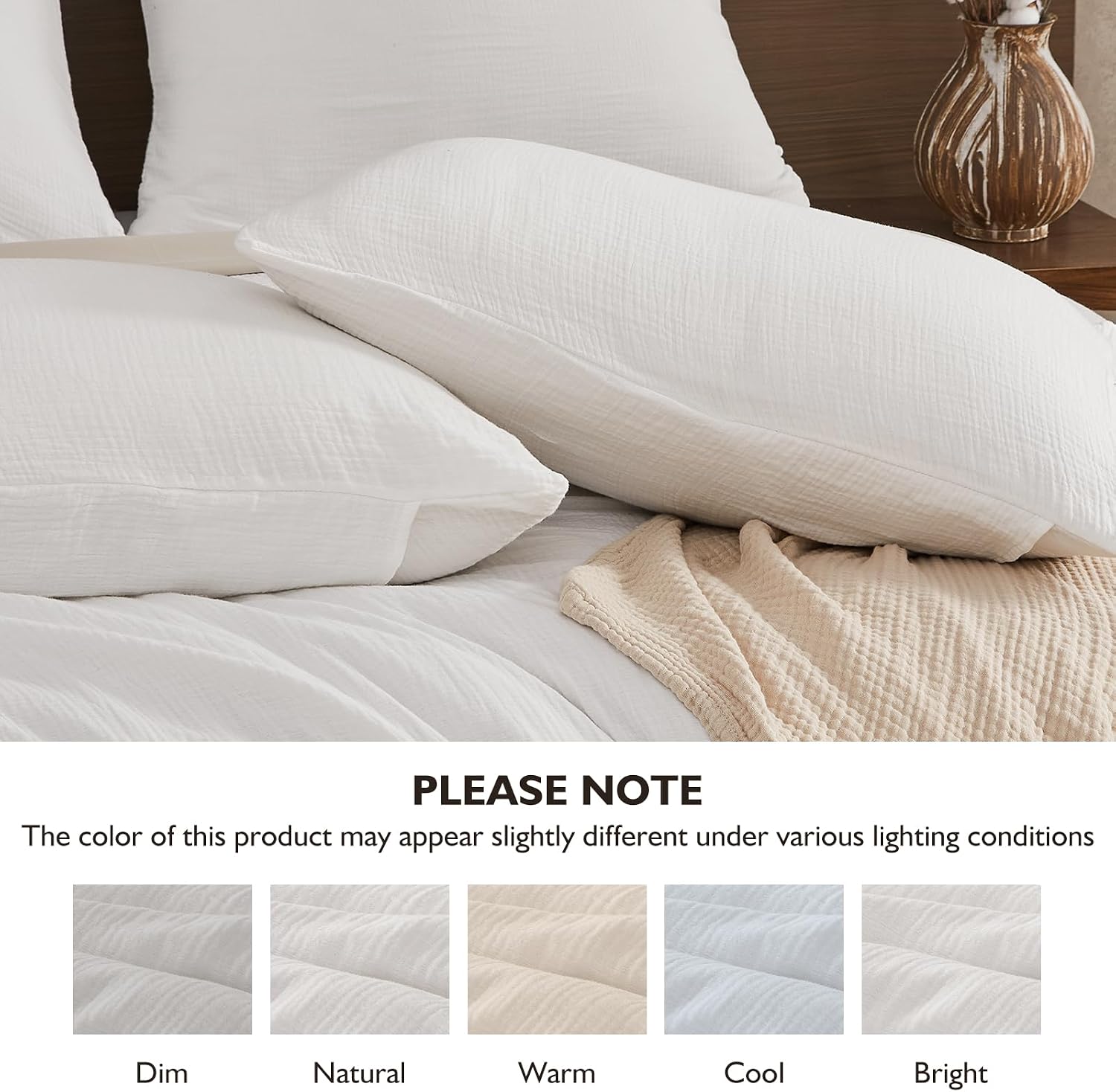 Detalle de EMME Muslin Cotton King Duvet Cover Set, Cream White, Hidden Zipper
