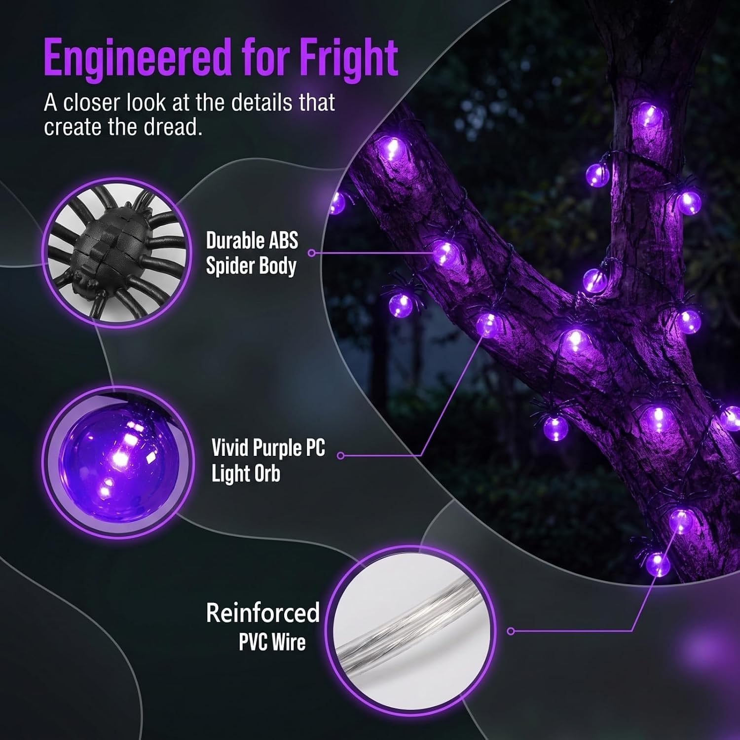 Detalle de Lerphado SSL-001 Purple Spider Halloween String Lights, 10 ft, 20 LEDs