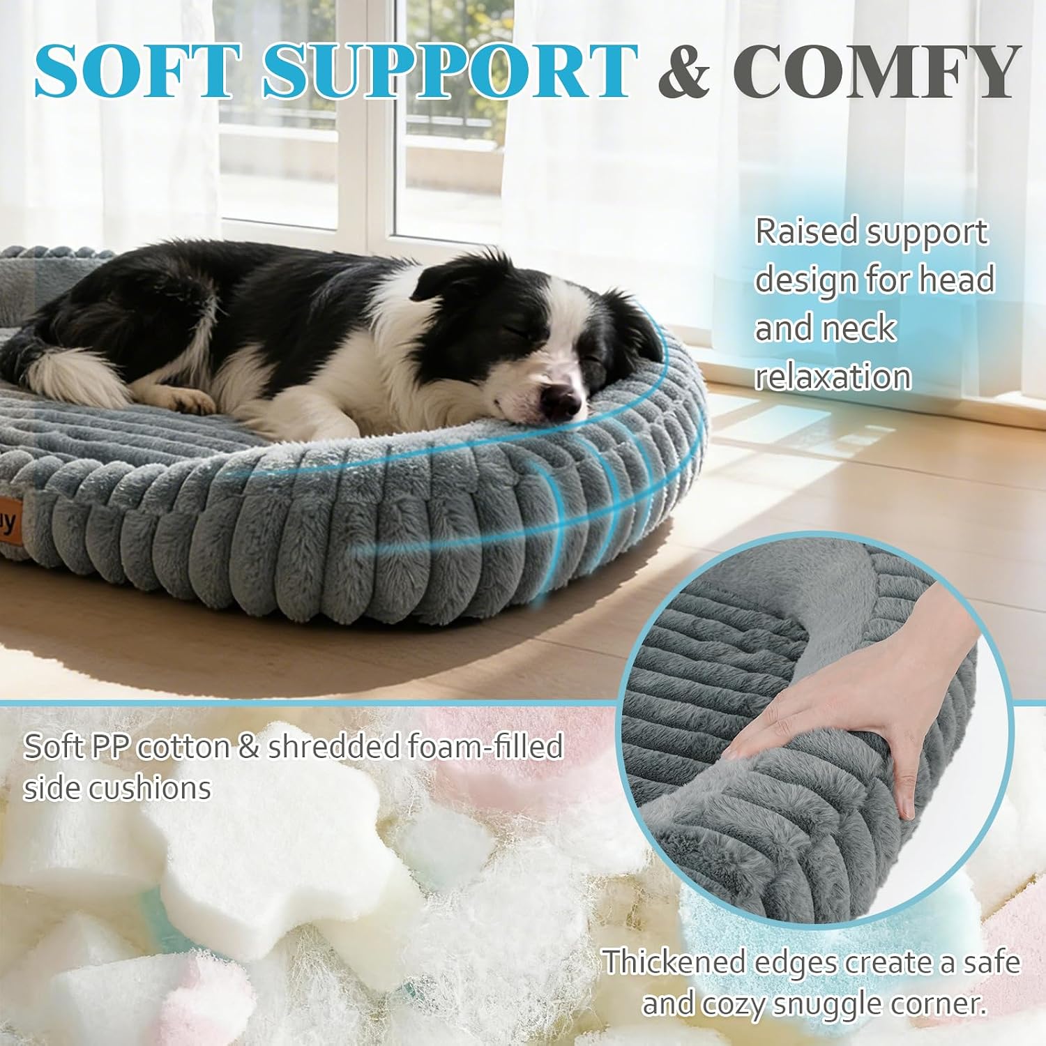 Detalle de KISIMUY D26PB0002 Orthopedic Dog Bed, Memory Foam Bolster, 43 x 31 x 5.5 in