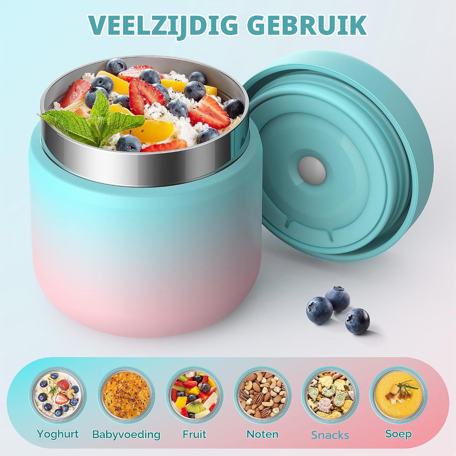 Detalle 1 de WayEee thermosbeker voor eten, 385 ml, roestvrij staal en lekbestendig