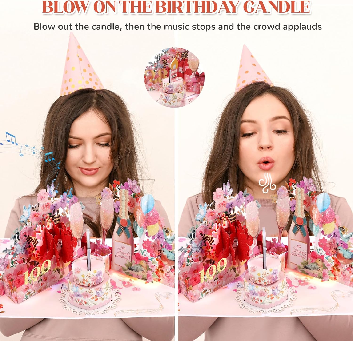 Detalle 2 de Birthday Card, Musical Champagne Pop-Up Card with Blowable Candle & Lights (for Women & Girls, All Ages)