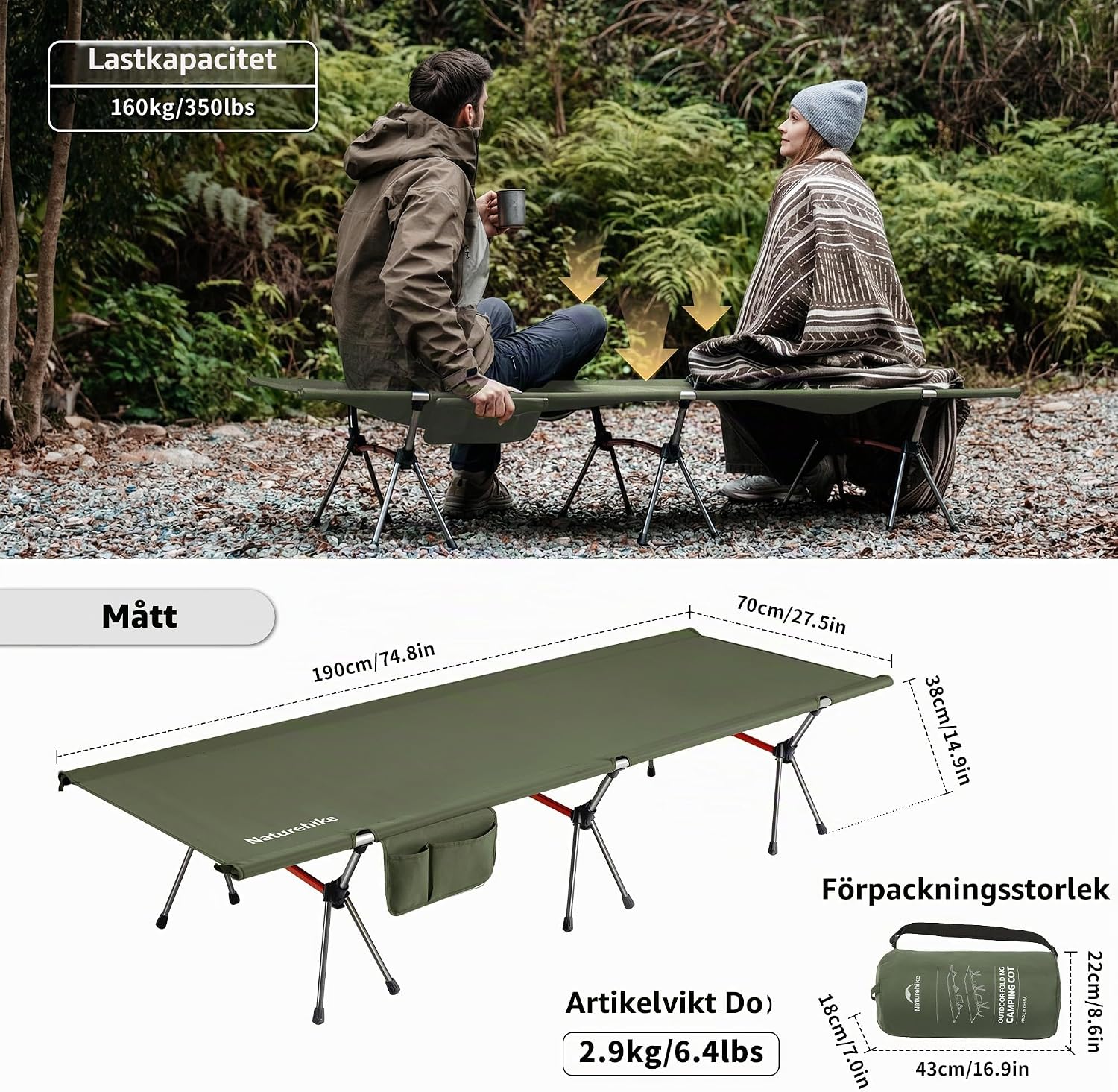 Detalle de Naturehike NH19JJ006 hopfällbar campingsäng 190 × 70 cm, grön