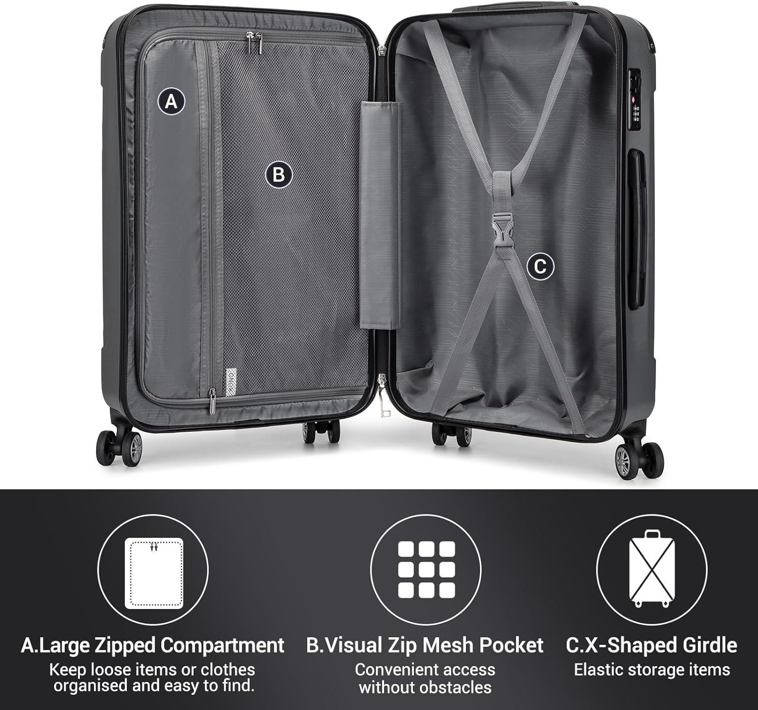 Thumbnail 5 de Kono 28 Inch Large Hard Shell Luggage | ABS+PC, 105 L, 360° Spinner wheels