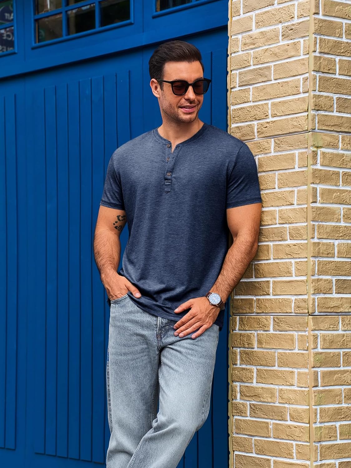 Thumbnail 4 de Runcati Herren Henley-T-Shirt Kurzarm mit Knopfleiste – Regular Fit, einfarbig
