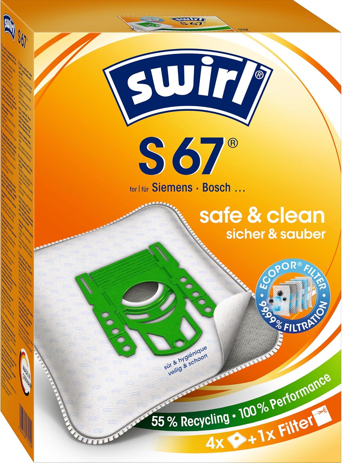Detalle de Swirl S 67 EcoPor Staubsaugerbeutel – 4 reißfeste Beutel mit Filter (für ausgewählte Siemens & Bosch Staubsauger)