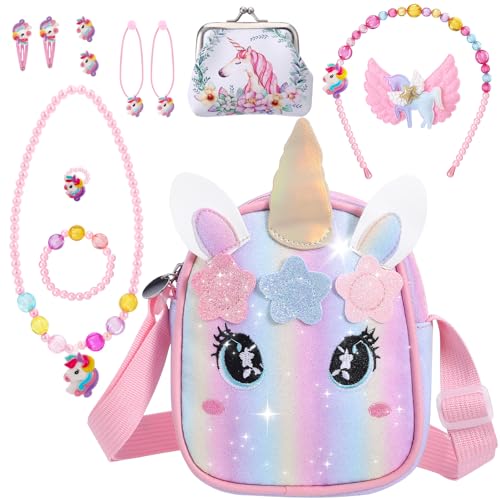 Detalle de Yamitora Einhorn-Handtasche & Schmuck Set für Mädchen – Verspieltes Einhorn-Geschenk für 2–6 Jahre