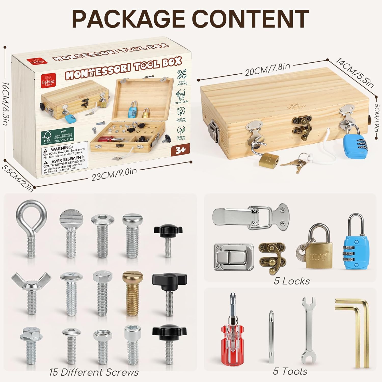 Detalle 2 de Lehoo Castle Montessori Wooden Toolbox Toy Set with Real Locks and Tools (Ages 3–6)