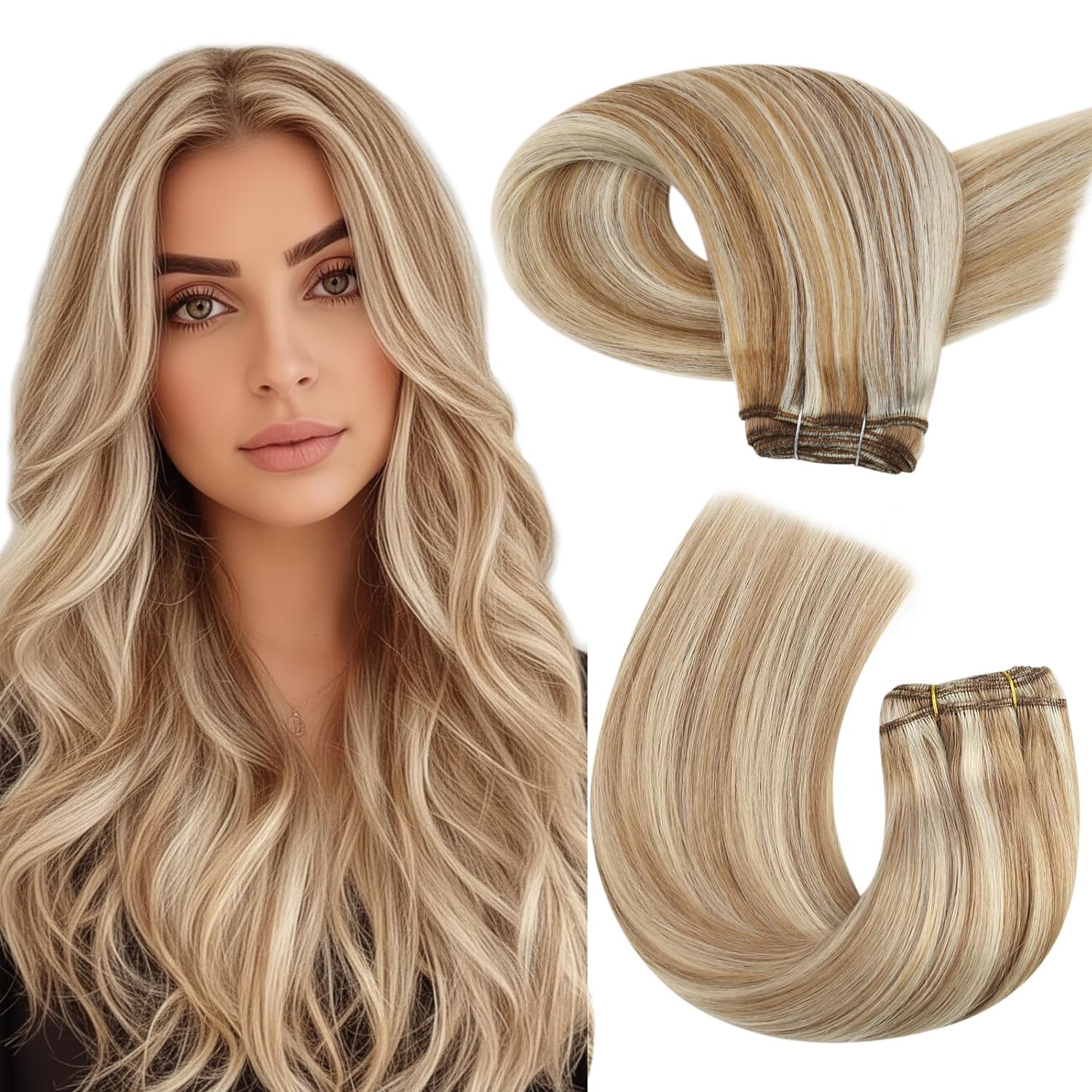 Detalle de Moresoo 24 inch 100g Remy Human Hair Sew-In Weft Blonde Highlight (Medium Brown Blend)