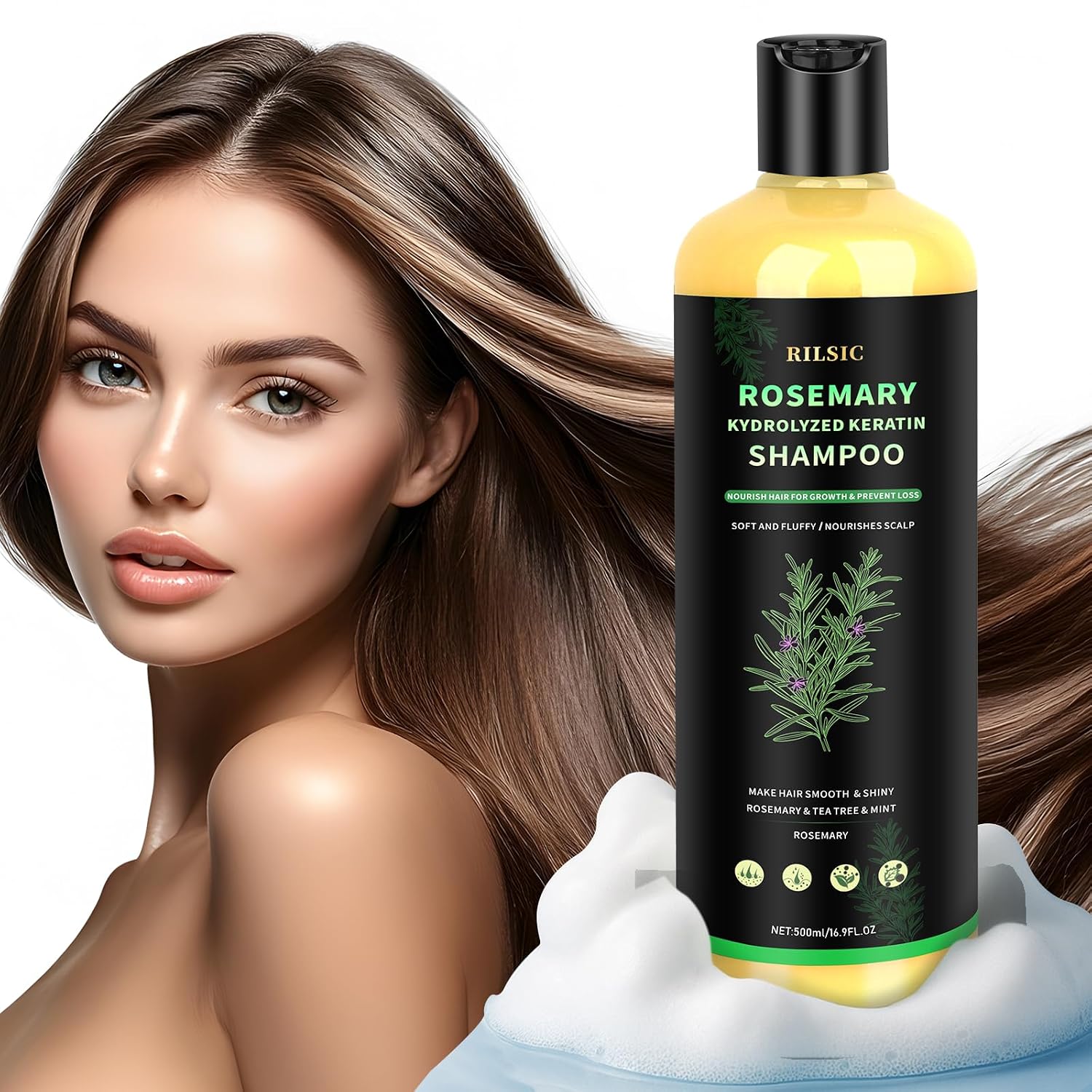 Detalle de Rosmarin Shampoo für Haarwachstum 500ml – Volumen Shampoo gegen fettiges Haar, stärkt Haarwurzeln und sorgt für dichteres, weiches Haar